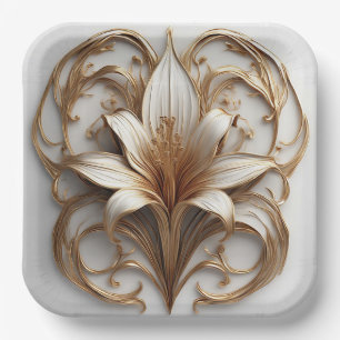 Elegantes goldenes Lilienweiß-Ornamentdesign Pappteller