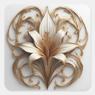 Elegantes goldenes Lilienweiß-Ornamentdesign Quadratischer Aufkleber