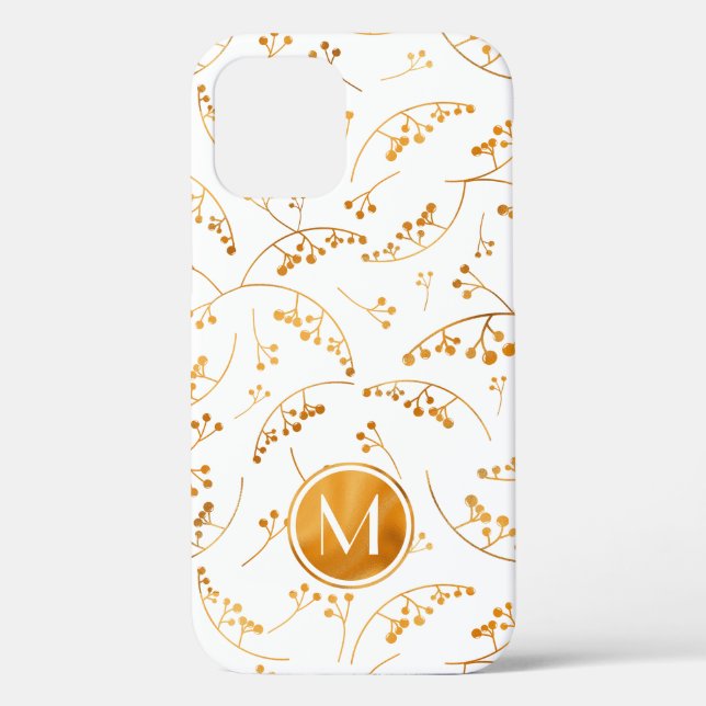 Elegantes goldenes Mongram-Beerenmuster auf Weiß Case-Mate iPhone Hülle (Rückseite)