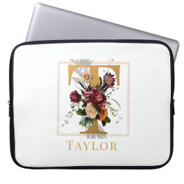 Elegantes goldenes Monogramm burgunderrote Blumen Laptopschutzhülle