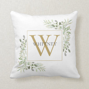 Elegantes goldenes Monogramm Grünzeug Blattwerk Kissen