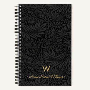 Elegantes goldenes Monogramm Name Schwarzes Blumen Notizbuch