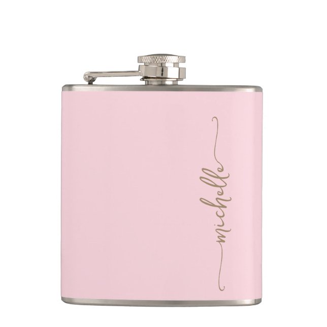 Elegantes goldenes Monogramm-Namensscript Blushros Flachmann (Vorderseite)