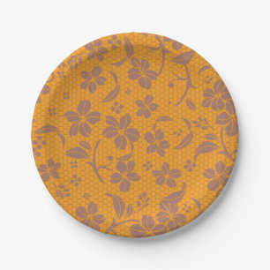 Elegantes goldenes oranges Spitzen-Design Pappteller