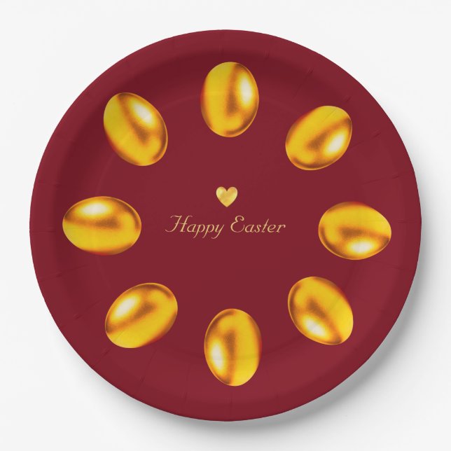 Elegantes goldenes Ostereier auf Burgund Pappteller (Vorderseite)