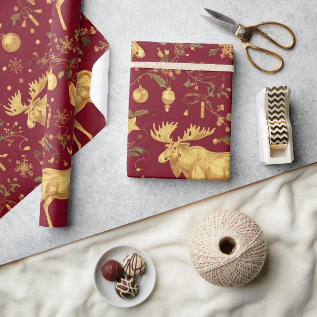 elegantes goldenes Rentier-Rot-Weihnachtsmuster Geschenkpapier (Kunsthandwerk)