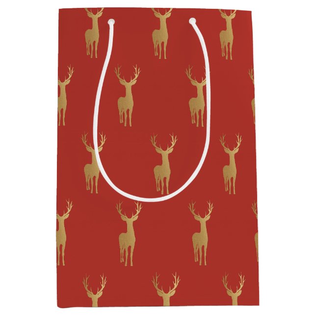 elegantes goldenes Rentier-Rot-Weihnachtsmuster Mittlere Geschenktüte (Vorderseite)
