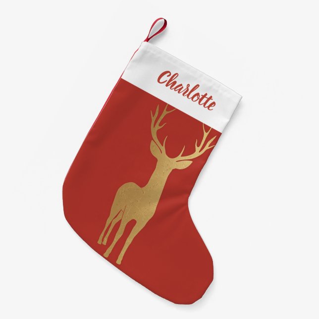 Elegantes goldenes Rentiermuster Kleiner Weihnachtsstrumpf (Vorderansicht (hängend))
