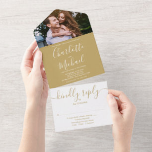 Elegantes goldenes Schriftmonogramm Foto-Hochzeit All In One Einladung