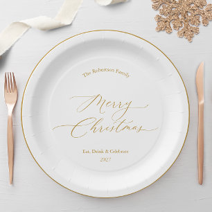 Elegantes goldenes Schriftzug „Frohe Weihnachten“ Pappteller