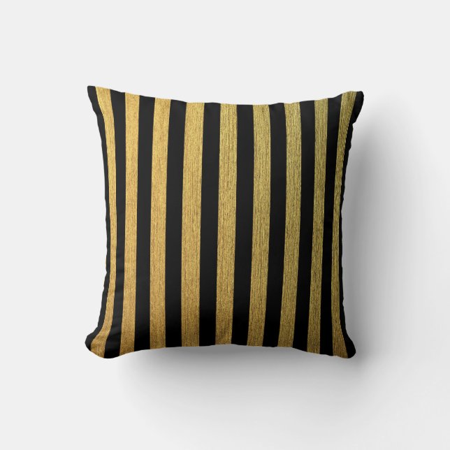 Elegantes goldenes schwarzes gestreiftes Muster Kissen (Vorderseite)