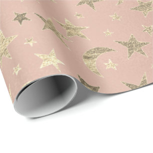Elegantes goldenes Stern-Mond-Rosen-Rosa Geschenkpapier