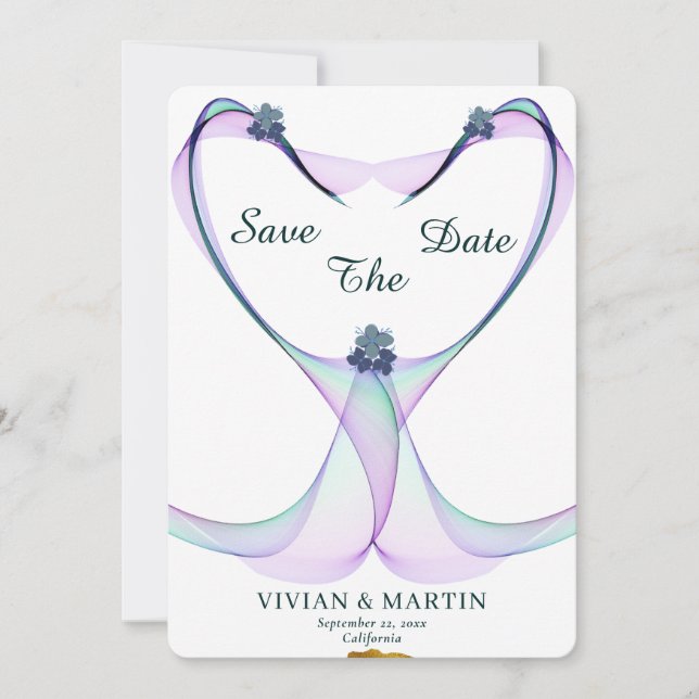 Elegantes goldenes und Lila Herz Save the Date Einladung (Vorderseite)