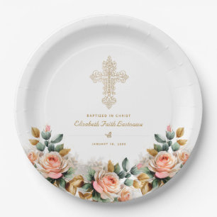 Elegantes goldenes verziertes Kreuz Blumen Tauf- Pappteller