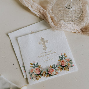 Elegantes goldenes verziertes Kreuz Blumen Taufker Serviette