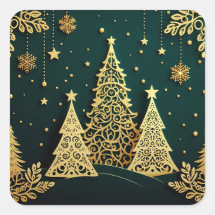 Elegantes goldenes Weihnachtsbaum-Muster Quadratischer Aufkleber