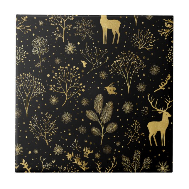 Elegantes Goldenes Winterwald-Muster Fliese (Vorderseite)