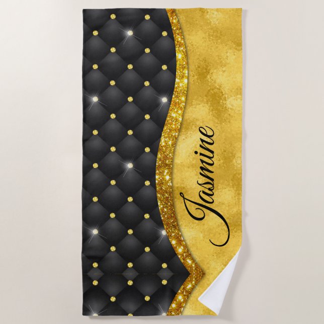 Elegantes goldfarbenes Imitat Kristall Monogramm Strandtuch (Vorderseite)