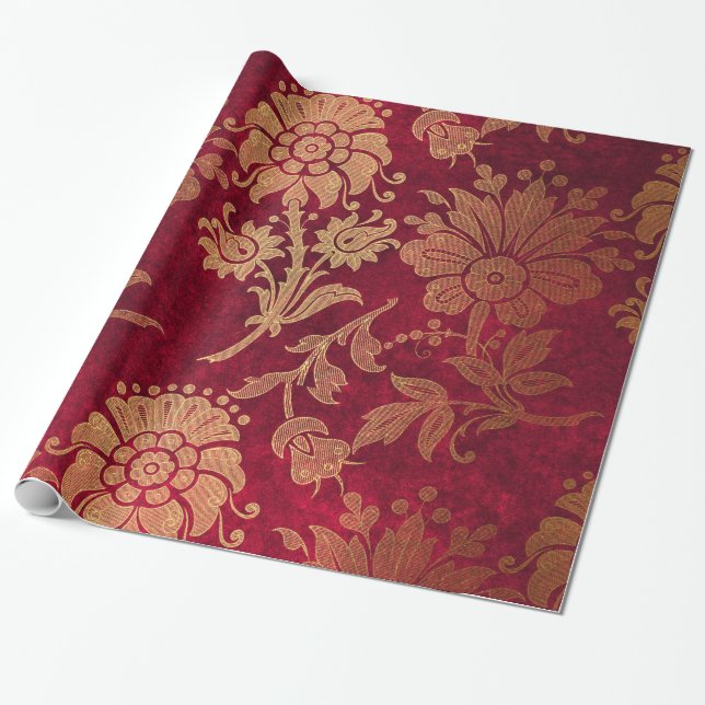 Elegantes goldfarbenes rotes Damastenmuster Geschenkpapier (Ungerollt)