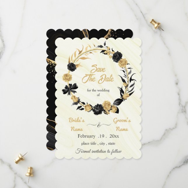 elegantes goldfarbenes und schwarzes Blumengewirr Save The Date (Vorderseite/Rückseite Beispiel)
