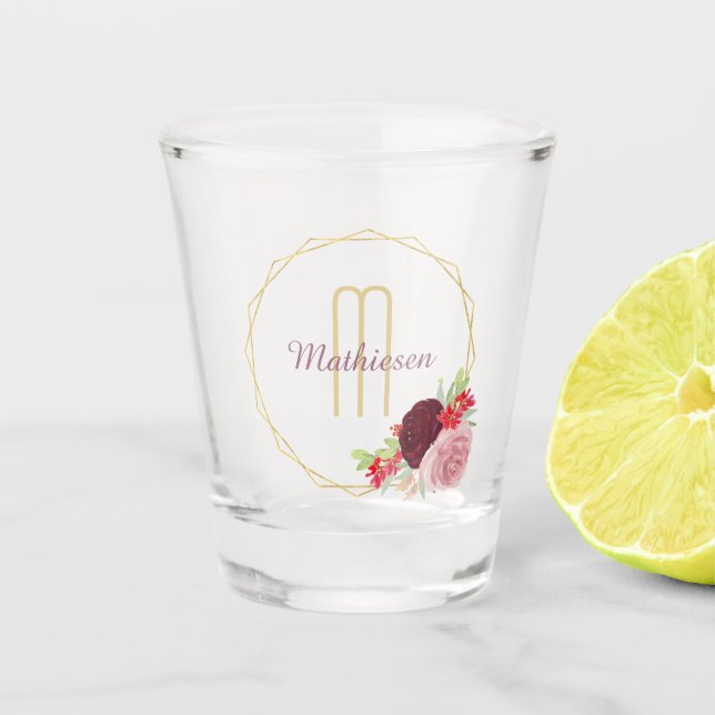Elegantes Goldgeometrisches Blumenrahmen-Monogramm Schnapsglas (Vorderseite)