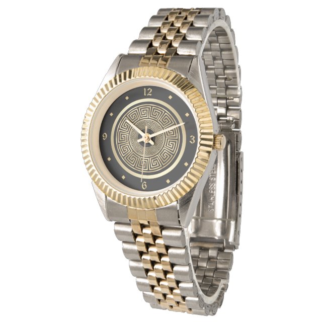 Elegantes goldgriechisches Keys Muster Armbanduhr (Schrägansicht)
