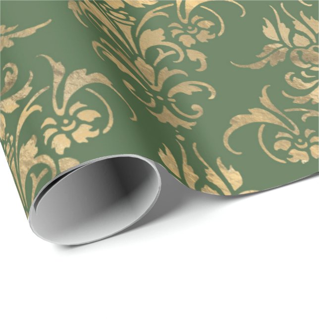 Elegantes goldgrünes königliches Damastenmuster Geschenkpapier (Rolleneckpunkt)