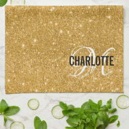 Elegantes Goldhandtuch mit Monogramm Glitzer Geschirrtuch