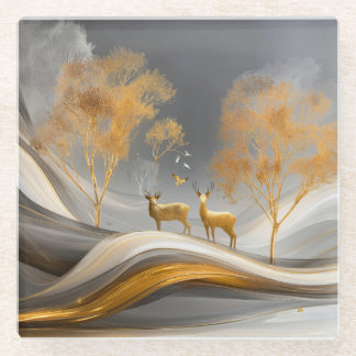 ✨Elegantes Goldhirsch-Luxus-Naturkunstwerk Glasuntersetzer