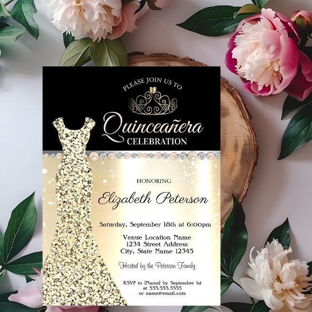 Elegantes Goldkleid, Diamanten Perlen Quinceañera Einladung (Von Creator hochgeladen)