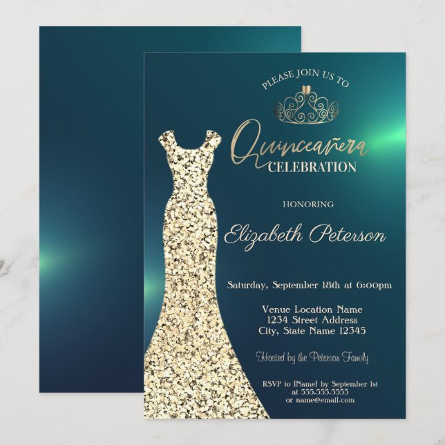 Elegantes Goldkleid, Tiara Green Quinceñera Einladung (Vorne/Hinten)