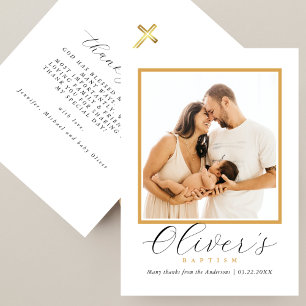 Elegantes Goldkreuz-Baby-Tauf-Fotoschrift Dankeskarte