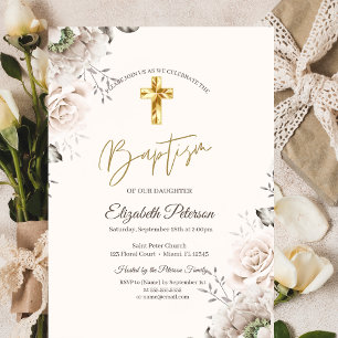 Elegantes Goldkreuz Rosen Creme Taufe Einladung