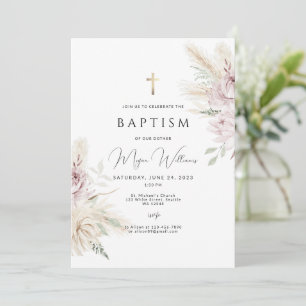 Elegantes Goldkreuz und rosa Blume boho Taufe Einladung