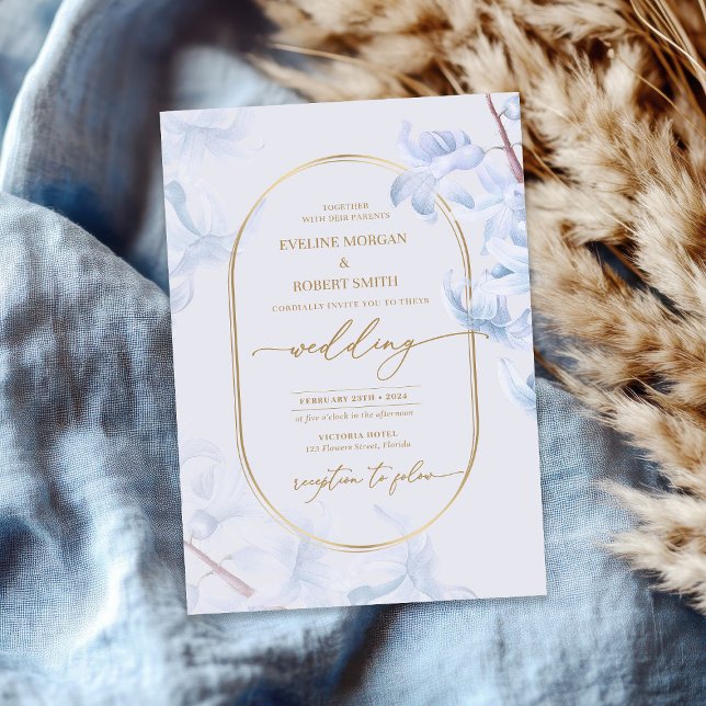 Elegantes Goldmedaille für die blaue Wasserfarbe Einladung (Elegant Watercolor spring blue hyacinth gold Invitation)