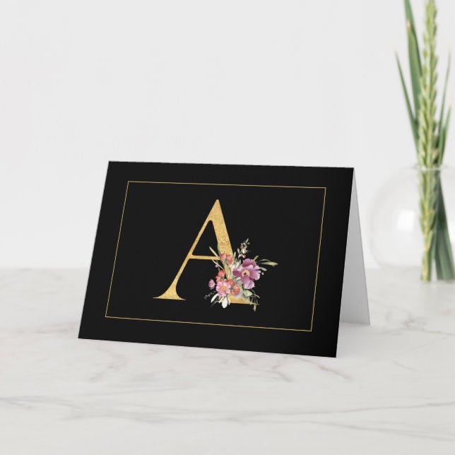 Elegantes Goldmonogramm A mit rosa Blume (Vorderseite)