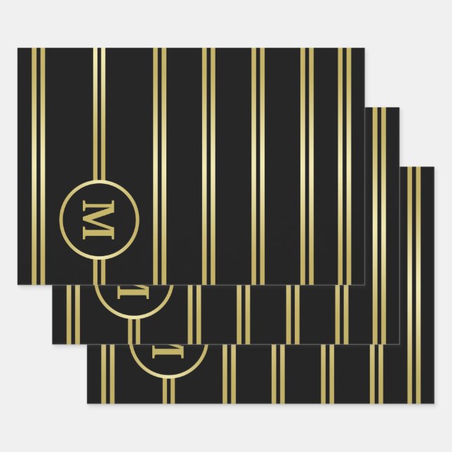 Elegantes Goldmonogramm auf schwarz Geschenkpapier Set (Set)