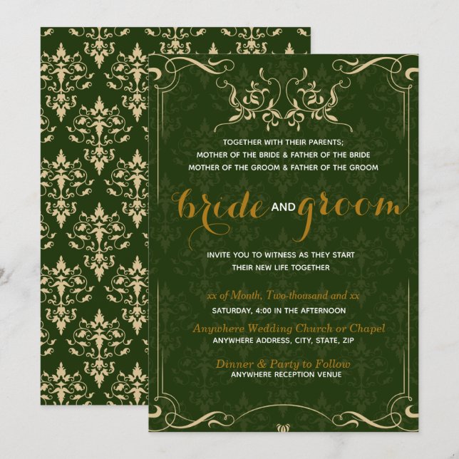 Elegantes Goldmuster in Emerald BG Hochzeit Einladung (Vorne/Hinten)
