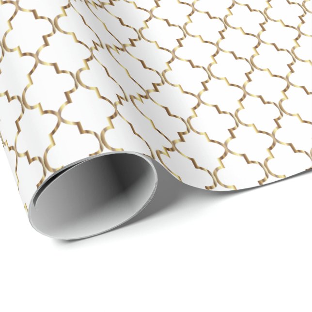 Elegantes GoldQuatrefoil Muster auf Weiß Geschenkpapier (Rolleneckpunkt)