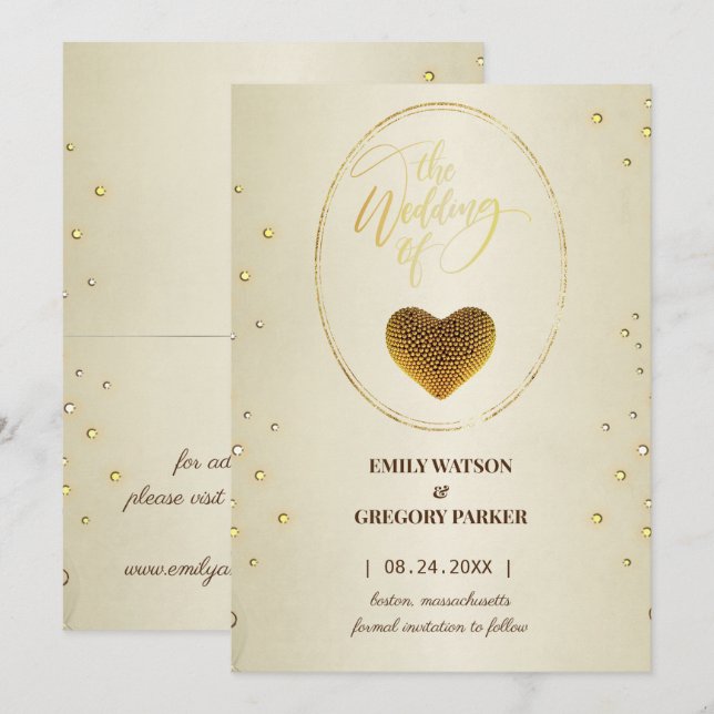 Elegantes Goldrahmen Diamanten-Herz Save the Date (Vorne/Hinten)