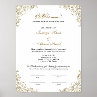 Elegantes Goldrahmen muslimisches Nikkah-Zertifika Poster