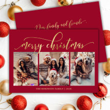 Elegantes Goldschrift-3-Foto-Collage-Rot-Weihnacht