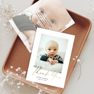 Elegantes Goldschrift-Babybild Dankeskarte