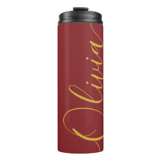 Elegantes Goldschrift Olivia Name Burgunder Therma Thermosbecher