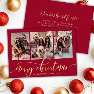 Elegantes Goldschrift Rot 3 Foto Collage Weihnacht Feiertagskarte