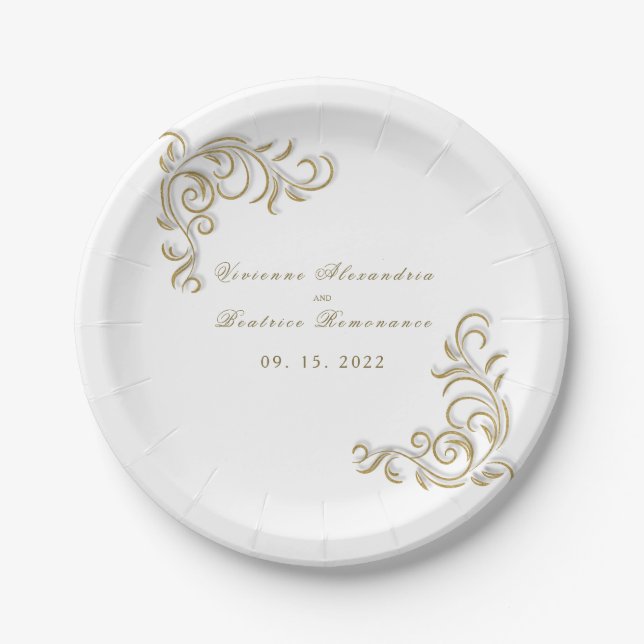 Elegantes Goldscroll Hochzeitsempfang Party Pappteller (Vorderseite)