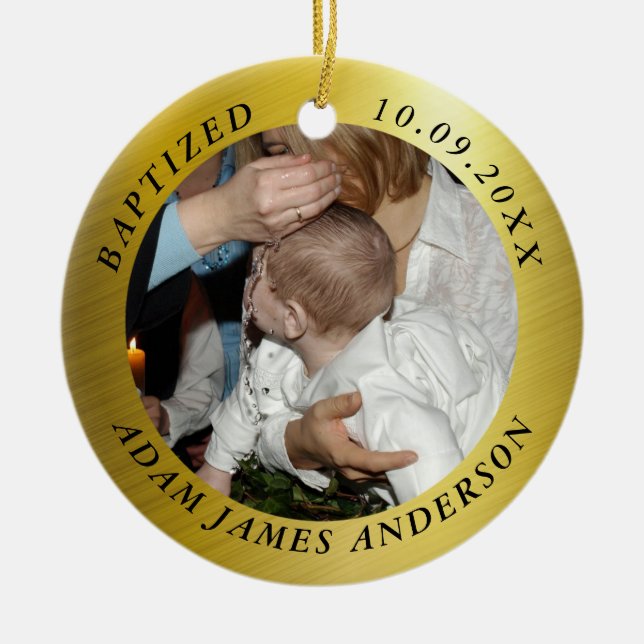 Elegantes Goldtaufe-Foto Keramik Ornament (Vorne)