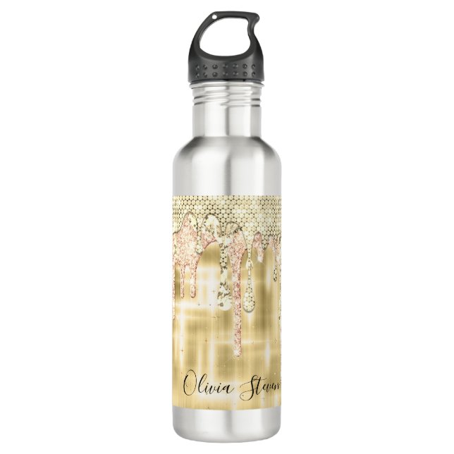 Elegantes Goldtropfen-Glitzer-Monogramm Edelstahlflasche (Vorderseite)