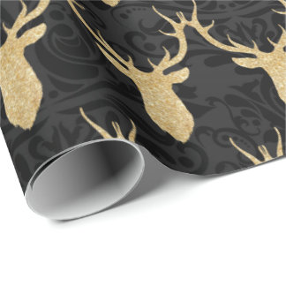 Elegantes Goldweihnachtsren auf schwarzem Damast Geschenkpapier