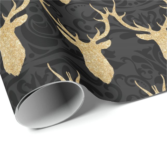 Elegantes Goldweihnachtsren auf schwarzem Damast Geschenkpapier (Rolleneckpunkt)